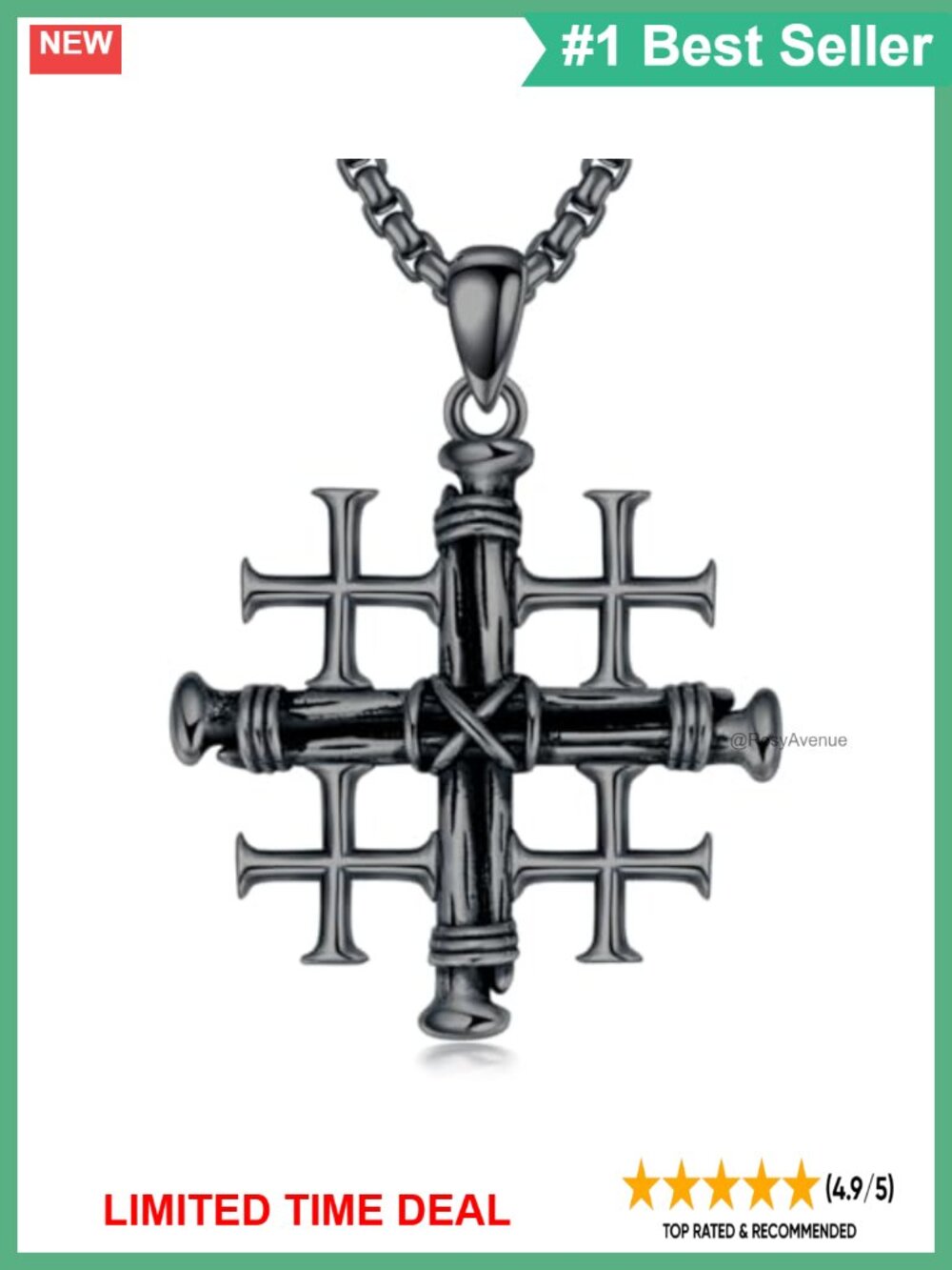 925 Sterling Silver Jerusalem Cross Pendant Necklace 22 Inch Chain